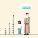 Visual representation of an age-related puzzle. Illustrate a Middle Eastern man and his daughter standing next to a number line. The man's marker on the number line is significantly further along, marked with four times the units as his daughter's marker. Include a thought bubble showing the same scene but in the past, with the man's marker being ten times the units of his daughter's marker six units back on the number line. Background should be light colored, with simple and clean aesthetics.
