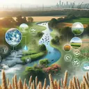 Imagine an image that encapsulates the concept of ecosystem services. This includes visuals of a serene river representing fresh water, various flourishing flora and fauna symbolizing biodiversity, an area undergoing construction standing for land development, and an expanse of wheat fields for food crops. The scene is set in daylight to enhance the natural beauty. The image does not contain any text.