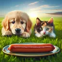 A charming, playful setting featuring a golden retriever puppy and a calico kitten, both eagerly eyeing a particularly appetizing sausage lying on a plate between them, ready for their competition. The puppy and kitty are on a bright green grassy lawn, the grass slightly damp as if from a morning dew. The sky above is a pristine blue with a touch of early morning gold at the edges. The expressions on the puppy and kitten's faces should display anticipation and excitement. Please ensure no text is present in the image.