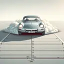 Illustrate a physics problem: A silver metallic car whose mass is 2000kg sits in a starting position on an open, clear road with a clean horizon ahead. The car is steadily increasing its speed, leaving a dust trail behind as it accelerates uniformly to 9m/s. Make it clear that this scene is captured during a 30-second timeframe. Subsequently, the car maintains this speed, leaving behind a straight road that lasts for a significant stretch, representing a further 500 seconds. Please do not include any textual elements in the image.