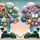 An abstract representation of a phone conversation between two people, indicated by two vintage telephone handsets facing each other, enveloped by clouds of thought bubbles. Each thought bubble is filled with symbolic objects denoting emotions and personality traits such as books for wisdom, flowers for sweetness, shades for mystery, and gears for a calculating mind. The background is a soothing gradient of pastel colors, indicating a calm and peaceful conversation.