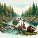 A calming river scene within a North American forest. Featured prominently in the image are beavers, depicted as large rodents, industriously bringing down old and dead trees along the riverbank. Their dam, made from these trees, can be seen in the middle of the river, creating a calm pool of water behind it. The surrounding environment depicts thriving biodiversity, demonstrating the role of beavers as 'ecosystem engineers'. However, also show a portion of the ecosystem appearing more barren and lifeless, hinting at the negative impacts of possible removal of beavers from this habitat.