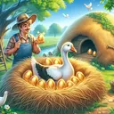 An enchanting rural scene showing a cheerful Countryman visiting a straw nest where a unique Goose, known for its daily production of spectacular, glittering, golden eggs, relaxes. The atmosphere should be peaceful and the golden eggs should be clearly visible. Populate the image with elements representative of a typical country life. Make the golden eggs appear magical and highly unusual to emphasize the extraordinary nature of the Goose. Follow a realistic art style for this image and exclude any text.