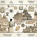Visualize an ancient scene with symbols depicting the major concepts in the text. Show a Middle-Eastern man on a journey, symbolizing the spread of teachings. Depict aspects of the Roman Empire like, architectural landmarks, a map indicating ease of travel, and a representation of the Latin language. Also visualize a scene of struggle, illustrating the mention of persecution. Don't include any text in the image.
