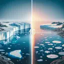 Create an image depicting the change in the Arctic Ocean over the past 40 years. The image should visually portray the concept of the ocean becoming warmer, with visual cues such as melting icebergs and retreating ice caps. It should also ensure a contrast between an icy, frozen Arctic Ocean of the past, demonstrated at one side of the picture, and a warmer, less ice-covered ocean of the recent years on the other side. Make sure that the image is visually compelling, but it contains no text.