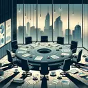 Illustration of a moody conference room with a large, round table, scattered with stacks of documents, charts, and several coffee cups. There are chairs all around the table, each with different shapes and sizes to symbolize a variety of opinions and interests. The room overlooking a symbolic city landscape through a large glass window, to highlight the magnitude of responsibility and decision-making involved in a politician's life.