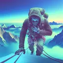 Visualize an image reflecting the struggle of a climber trying to breathe while ascending a high mountain. The climber is a South Asian male with a thick coat, gear, and harness. A sense of difficulty should be prevalent. Above him, the sky colors should transition from a deeper to a lighter shade of blue, demonstrating the changing altitude. Use analogous to the above mentioned question, but with no text or letters visible in the image.