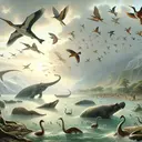 Create an image that illustrates the concept of evolution and common ancestry: Detailed artistic representation of a prehistoric landscape with aquatic, semi-aquatic, and terrestrial animals that are vaguely similar to contemporary whales, hippos, and pythons. In the sky, portray a flock of birds that have different beak shapes and sizes, subtly indicating the various species of Darwin's finches. The scene should serenely capture the passage of time and evolution, manifesting a sense of common ancestry among diverse forms of life. The image should not include any text.