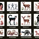 Create a visually appealing and educational image related to biology. It should feature a stylized representation of different species displaying distinctive structures and traits. This includes: a human able to wiggle their ears, a deer listening for predators, a human with a tail bone, a lizard with a balancing tail, a fearful human with goosebumps, an aggressive cat with raised hackles, a person standing upright supported by their pelvis, and a snake with a tiny nonfunctional pelvis. Also include a demonstration of vertebrate categorization, showing an octopus, a shrimp, a fish, and a crab. Additionally, embody an embryo development comparison among fish, amphibians, reptiles, birds and mammals. Finally, include a depiction of adult vertebrates presenting homologous structures such as a backbone.