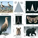 Create an image to accompany a biology concept discussion. The central element of the image will be a bird with unusually long legs, standing next to a distribution curve where the curve shifts to the right. Nearby will be a representation of light and dark peppered moths in different environments, and two distinct peaks on a graph. A mother reindeer is depicted, significantly larger than her offspring, standing next to a distribution curve that shifts to the right. A medium-brown mouse is shown hiding from predators, with a graph featuring a tall, narrow peak in the center. Finally, show a small black bear alongside an image of a larger black bear, with a curve shifting to the left, signifying a warmer period between ice ages.