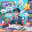 Create an imaginative scene: A student, an Asian male, is studying English language topics in a colorful room filled with educational resources. Nearby, symbols for various verb moods — a wished upon shooting star for subjunctive, a magnifying glass for interrogative, and a newspaper for indicative — hover around him as representation for English verb moods. Let's evoke a feeling of successful learning, but remember, the image should contain no text.