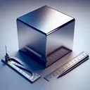 Generate an image of a shiny, solid steel cube sitting on a surface, casting a slight shadow. The cube should be perfectly cubic and demonstrate a high level of realism. It should measure 10cm on each side as indicated by a ruler. There should be physicist's tools nearby (but not a scale), such as a protractor and a compass. Please ensure there is no text in the image.