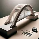 Visualize a scale model of a bridge composed of a resilient, lightweight material such as balsa wood or carbon fiber. The bridge should have an elegant yet sturdy design, hinting at an efficient structural geometry. A weight marked '150 lbs' is placed on the bridge without it collapsing. Near the bridge, an additional weight marked '10 lbs' is ready to be added, suggesting the imminent collapse of the bridge.