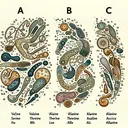 Create a detailed illustration featuring three abstract organisms, labelled A, B, and C, each containing a different visual metaphor of their respective amino acid sequences. Organism A is visualized with symbols representing the amino acids Valine, Serine, Threonine, and Valine in a specific order. Organism B is depicted with symbols representing Alanine, Leucine, and Alanine in a unique order. Organism C showcases symbols for Valine, Serine, Aspartic acid, and Methionine in a similar sequence. Keep the background neutral to let the organisms stand out. The image must be engaging and informative without containing any text.