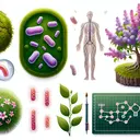 Create an educational image composition that represents the following biological concepts: moss as a natural plant form, bacterial cells next to a visual representation of a human figure to represent their shared attributes, a tool resembling a diagram or graph to demonstrate different relationships, and finally, a distinguishing feature between a lilac plant with flowers and a pine tree. Make sure there is a sense of curiosity and learning conveyed in the image but no text.