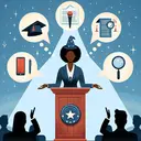 Create a concept-driven image illustrating the process of supporting a claim during a speech. Depict an individual, a Black woman, standing at a podium, with three symbols floating above her: a wizard's staff representing persuasion, a red phone signifying a call to action, a magnifying glass over documents representing evidence, and a thought bubble for opinions. Set the ambiance to suggest a public speaking event, possibly in an academic or professional setting. Please generate an image with no text.