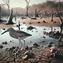 Create an image depicting a natural environment experiencing a severe drought. The image should include two distinct types of birds, distinguishable by leg length. One type has long legs and is situated by the remains of a dried-up pond, conveying its reliance on fish. The other bird type, with short legs, should be seen feasting on insects, illustrating that it is not affected by the drought. Ensure that the atmosphere and environment in the image accurately reflects the harsh conditions these birds are facing.