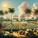 Visualize an 18th century picturesque scene displaying elements representing the sugar production industry. This should include: vast sugar plantations with lines of sugar cane ready for harvest under the bright sun, workers carefully tending the fields, barrels marked for sugar, molasses, and rum to indicate trade items, and finally, a large ship on the horizon suggesting overseas transportation and high-demand. The scene should subtly reflect the profitability of the sugar industry but contain no text.