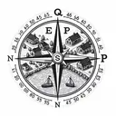 Generate an image of a navigational map showing two towns named 'Q' and 'P' placed in relation to each other based on cardinal directions. The town P rests in the Northeast (045 degrees) direction from town Q. Also depict a compass rose with accurately marked directions.