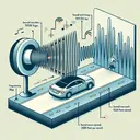 Create a visually engaging representation of acoustics that includes a stationary sound emitter emitting waves at a frequency of 100 Hz. Depict the sound waves travelling at a speed of 1125 feet per second. Next, illustrate a car moving towards the source at a speed of 200 feet per second, with an individual inside perceiving the sound waves. Avoid showing any text in the picture, only visually represent the situation in order to prompt the viewer's thought on the associated question about sound waves.