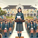 An illustration of an academic setting, depicting a scene of a school founders day celebration. In the center stage, a school prefect, an Asian female, is standing confidently behind a wooden podium. She's dressed in her school uniform, a blazer and a plaid skirt, holding paper sheets with her speech. The gathering of the students, of different descents and genders, attentively listen to her speech. The backdrop shows the school building adorned with balloons and banners. There's a serene sky above, reflecting the early morning time of the ceremony. Ensure no text is included in the image.