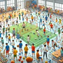 Illustrate an indoor scene of a sports class. It is filled with a number of sports equipment like footballs, cricket bats and gear, and badminton racquets and shuttlecocks. A gathering of 90 students, with a diverse mix of ethnicities and genders, is divided into different sections. In one section, 55 students are playing cricket, another area has 53 students playing football, while 35 students are enjoying a game of badminton in another location. Some students are involved in more than one sport: 25 students are seen swapping between cricket and football, 13 are alternating between cricket and badminton. A small group of 3 students is enthusiastically engaging in all three sports.