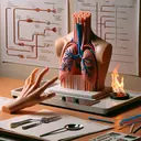Produce an image that depicts an interactive learning environment, with a detailed model of the human respiratory system placed on a table. The model should be made of various elements such as plastic straws representing the trachea and bronchi. Also illustrate a human hand swiftly pulling away from a hot stovetop, indicating a reaction involving the nervous and muscular systems, perhaps next to a chart having an arrow diagram showing progression from organ systems to cells. However, don't include the text of the question and answers from the original description.
