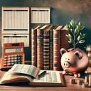 Tastefully illustrate a financial concept in an image. As per the concept, there is an old, ornate piggy bank next to a luxurious mahogany desk. On the desk, there is an account book displaying neat columns of numbers and an old-fashioned desk calculator. The backdrop shows a calendar with changing pages to signify passing months. Around the scene, there is a subtle sense of growth, represented by a small tree sprouting from a ceramic pot, and progressively getting taller and fuller.