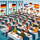 Create an image depicting a classroom scene with 80 students, indicating different study groups. Show a group of 25 students studying German, they could have textbooks with German flag, 15 students should be studying French, indicated by French flags on their books. 13 students studying Spanish, which could be represented by Spanish flags. Illustrate the intersections between these groups as per the following: 3 students learning both German and French, having both flags on their books, 4 students studying both French and Spanish, and 2 students studying both German and Spanish. Also, depict a notable group of students who do not study any of these languages. The image should have no text in it.