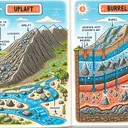 Visualize a part of the rock cycle showing two key stages: uplift and burial. On one side, portray a mountainous region with rocks being pushed towards the surface, symbolizing the uplift stage. Display clear signs of erosion such as weathered boulders and streams carrying sediments away. On the other side, show the burial process, with layers of rocks being accumulated and buried under the ground. Illustrate extent of heat and pressure being exerted on these buried rocks.