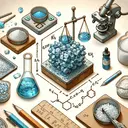 Create an image portraying a science experiment scene to visualize the conversion reaction described. On one side, depict a small heap of bluish crystals, symbolizing 0.2750 g of CuSO4 · 5H2O. On the other side, illustrate a container with white powder, representing KIO3, waiting to be quantified. In the middle, sketch a beautifully crafted copper-colored crystal structure, signifying Cu(IO3)2. Use lab elements like weighing scales, chemical flasks, and safety goggles to set the background.