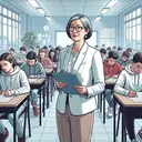 Illustrate an image showing a neutral observer from a global education organization carrying out an external examination process in a standard classroom setup. The observer should be an older Asian woman with glasses, holding a clipboard and observing a mixed age group of students who are busy writing on their test papers. The students are a mix of Caucasian, Hispanic, and South Asian descents sitting on individual desks. The atmosphere in the room is serious and focused, with everyone absolutely concentrated on their work with minimal distractions.