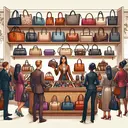 Create a detailed image of a bustling, inviting handbag shop. Have the scene depict a South Asian female shop owner, proudly standing at the counter, with stacks of stylish handbags in various shapes and forms – satchels, totes, clutches, and crossbody bags – spread out around her. Imagine the store offering a special sale, with each bag has a unique design and color, attracting many customers. The shop should buzz with satisfied customers, including a Caucasian man eagerly purchasing two handbags, a Black woman browsing with interest, and a Middle-Eastern man examining a handbag closely. Make sure the image does not contain any text.