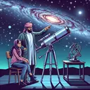Create an illustration of an astronomer, with a gender balanced display involving a male Middle-Eastern and a female South Asian, in a observatory under the starred night sky. They are using a large telescope pointing towards an enchanting, distant galaxy, that is colored differently from the rest of cosmos to distinguish its newness. Let the Milky Way galaxy be also visible for comparison. Do not include any text on the image.