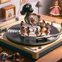 Visualize a scene where a young girl, Grace, who is of Black descent, happily plays with her dolls in a room filled with child-friendly decorations. She places one of her varied dolls, chosen carefully perhaps a doll of South Asian descent, in the center of a vintage record player turntable. The turntable, details tinged with nostalgia, spins steadily at 33.3 rpm, while the doll,located 13 cm from the center, experiences a thrilling merry-go-round ride. It's important the image gives no hint of text.