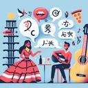 Create an illustration of a diverse scenario. The scene includes an Asian woman speaking through speech bubbles, each containing abstract symbols representing languages (no specific text). The symbols are being sent to and received by a Caucasian man indicating a conversation in progress. The surrounding environment has cues of both Spanish and Italian culture. Include recognizable Spanish and Italian landmarks like an acoustic guitar, a flamenco dancing dress, the Leaning Tower of Pisa and a slice of pizza in the background.