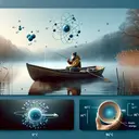 Create an image displaying an serene environment with a fisherman in the middle of a large cold lake on a boat, drinking a cup of hot coffee. Include a visual representation of the boat subtly vibrating due to the kinetic energy from the motion of the coffee particles inside the cup. On a microscopic level, show the gallium atoms, symbolizing potential and kinetic energy, moving freely from each other in a person's hand. Finally, include a drop of water, metaphorically at 90°C, with particles visually depicted as having high kinetic energy
