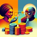 An abstract illustration showing two figures, Bola and Olu. Bola is an African woman with a friendly smile. Olu is an African man looking thoughtfully at the coins in his hands. Between them, there's a collection of coins amounting to a total of N30.00, arranged in such a way that it represents the ratio 2:3. The image has vibrant colors and an atmosphere of friendly collaboration. Please avoid including any text in the image.