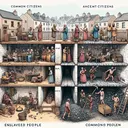 Create an image that visually summarizes life in ancient Roman society, specifically focusing on the dichotomy between enslaved people and common citizens. One half of the image should demonstrate the life of common citizens, depicting scenes of them living in cramped apartments within shabby buildings in Rome and renting land from wealthy landowners. The other half should represent the lives of enslaved people, illustrating them as they work dangerous jobs in mines and as servants to wealthy Romans. The image must not contain any text and must be divided clearly into two sections for the viewer to draw the correlation.