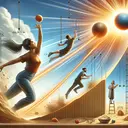 Picture an energetic scene of physical science concepts in action. Imagine a young South Asian female energetically throwing a spherical ball into the blue sky with a background of the shining sun, illustrating kinetic energy. The ball is shown at the peak of its trajectory representing the maximum potential energy state. In another portion of the image, consider two students - a Hispanic male and a Caucasian female - conducting an experiment. They are on top of a ladder, dropping objects into a bed of sand from 1.5 meters height, creating impact craters, portraying gravitational potential energy conversion to kinetic energy.