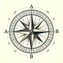 Illustrate a compass rose with two points labeled A and B. Point A should be placed at the north of the compass and Point B should be located 235° clockwise from Point A. Draw a straight line connecting Point A and Point B. Please make sure the image contains no text.