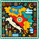 Create an artistic representation of a geographical map highlighting four specific countries: Bosnia, Kosovo, Greece, and Albania. Set these countries in different contrasting colors to distinguish each one. Surrounding the map, incorporate symbols that could represent the influence of the Muslim Ottoman Empire such as architecture, art patterns, or cultural items. However, leave one country, symbolized by a unique color, devoid of these influences and symbols. Ensure the overall aesthetics of the image are appealing while portraying the historical context accurately. Do not include any text in this image.