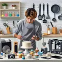 An image of a teenager practicing cake decoration skills in his kitchen. The teen, of Hispanic descent, is highly focused and using various tools like spatulas, pastry bags, and icing tips for creating beautiful cake designs. Different types of media devices such as books, speakers, a camera, and even a 3D printer are arranged around him, each representing different forms of media: written, audio, visual, and physical. The room is brightly lit and filled with baking supplies.