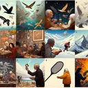 An intriguing visual where different scenarios are presented. First scene: a group of diverse bird species taking flight towards the south. Second scene: an elderly man, Asian in descent, reminiscing about his past, surrounded by old books. Third scene: Snowfall enveloping the mountainous terrains of Spain. Fourth scene: a woman, who is Hispanic, comparing a very burnt piece of bread to a hockey puck. Final scene: An art studio of the past, bursting with creativity, displaying work from unseen artists. Please keep the image devoid of any text.