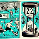 Draw an abstract representation of a soccer field with two teams. One of the players, a Caucasian boy, clumsily kicks the ball into the wrong end, signifying an own goal. On the other part of the image, depict an hourglass (symbolizing 'chrono') being broken to illustrate things not happening repeatedly over time. Finally, include the date November 22, 1963 on a calendar page being ripped apart, symbolizing a significant change in history.