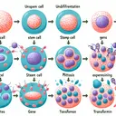 Illustrate an explanatory image showing the process of stem cell transformation. Start with an undifferentiated stem cell, then show the cell during mitosis, followed by the cell expressing genes, and finally transforming into a specialized cell type. The transition between each phase should be clear, but the image should contain no text.