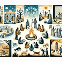 Create a highly detailed scene portraying various activities and rituals indicative of ancient cultures passing down their beliefs and traditions. Show a group of people narrating stories around a fire, representing the way wisdom is shared through generations. Depict symbols and elements of the Yaqui culture, including respectful interactions with animals possibly depicted as shadows or figurines. Next, illustrate a gathering or meeting where people are discussing their shared principles, perhaps indicated by a circular formation of stones or a sacred tree. Lastly, include a scene representing a vibrant sun dance by a group of Sioux people celebrating their harvest. Note that no text should be included in the illustration.