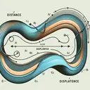 Create an abstract image visualising the concept of distance and displacement in physics. Show two paths on a 2D plane representing journey of a particle: one as a straight line (representing displacement - a vector quantity), and another as a curved line (representing distance - a scalar quantity). The curvy path should show numerous twists and turns, whereas the straight line should be depicted from the starting to the ending point of the journey. Use contrasting colors for the two paths and provide an arrow at the end of the straight line to indicate direction, further emphasizing the idea of it being a vector.