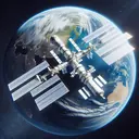 Create an interesting visual representation of an International Space Station (ISS) in Earth's orbit. The International Space Station should be a detailed 3-dimensional structure, made of white metallic materials with solar panels extended. The image should not contain any text. The Earth, as visualized from space, should be realistic with visible continents, surrounded by a thick layer of the atmosphere, showcasing its beautiful blue color. Make sure to place the station in such a way that it appears to be in motion, emphasizing its need for velocity to stay in orbit.