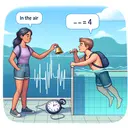 Create an illustrative image demonstrating an experiment. Show a diverse set of two students, one Hispanic female and one Caucasian male, engaged in a study. The female student is ringing a bell while standing in an open area, indicating 'in the air'. The male student is under the water in a pool, ringing another bell. Make sure both students have a stopwatch to measure the time it takes for the sound of the bell to reach her friend. Visualize sound waves emanating from the bells. Make sure there is no text in the image.
